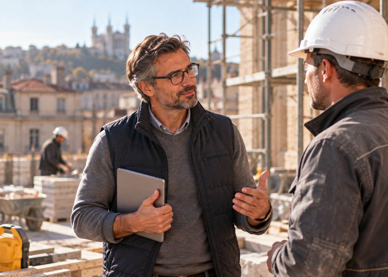 Deux professionnels échangeant sur un chantier, expérience de terrain valorisable par la VAE